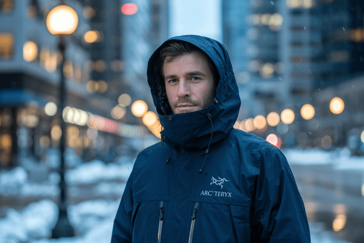 Mies pukeutuneena Arc’teryx Camosun Parkaan lumisessa kaupungissa